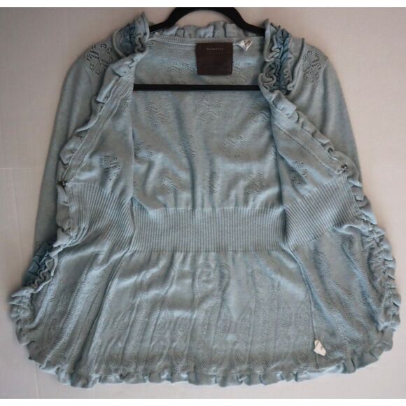 Anthropologie Guinevere Women's Sz M Blue Pointelle Ruffled Curly Top Cardigan - Picture 10 of 12